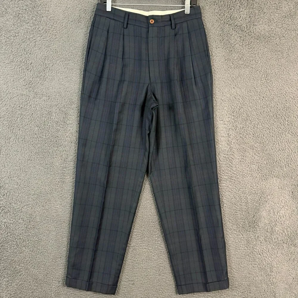Vtg Banana Republic Dress Pants Mens 31x30 Blue Tartan Plaid Pleated Classic Fit